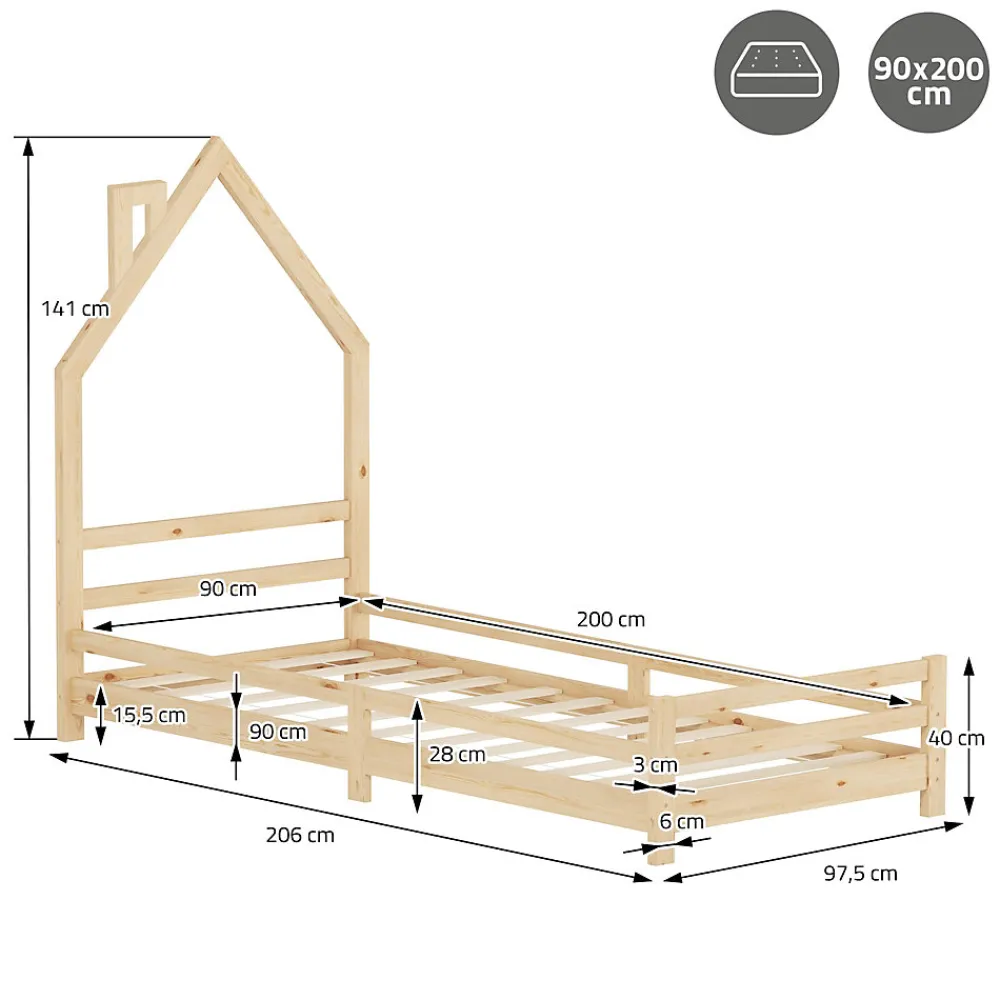 Lit d'enfant 90x200 cm naturel forme maison bois de pin avec sommier à lattes sans matelas>Ml-Design Best