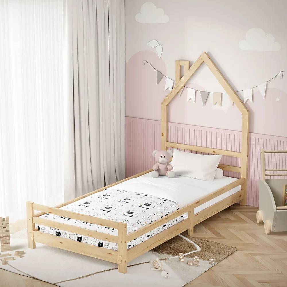 Lit d'enfant 90x200 cm naturel forme maison bois de pin avec sommier à lattes sans matelas>Ml-Design Best