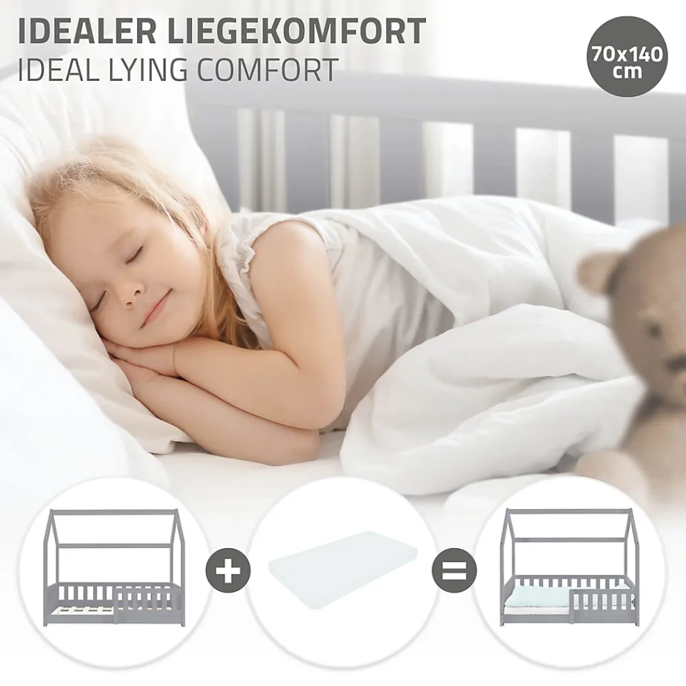 Ml-Design Lit d'enfant 140x70cm gris clair bois de pin avec toit et sommier protection contre chutes*Enfant Lit Enfant