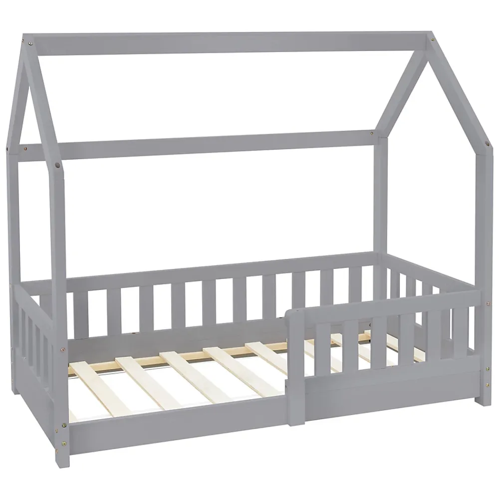 Ml-Design Lit d'enfant 140x70cm gris clair bois de pin avec toit et sommier protection contre chutes*Enfant Lit Enfant