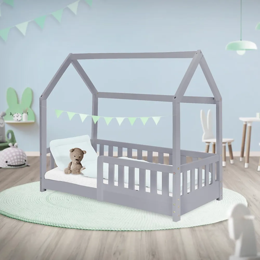 Ml-Design Lit d'enfant 140x70cm gris clair bois de pin avec toit et sommier protection contre chutes*Enfant Lit Enfant