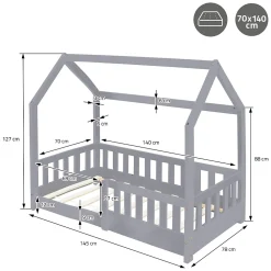 Ml-Design Lit d'enfant 140x70cm gris clair bois de pin avec toit et sommier protection contre chutes*Enfant Lit Enfant