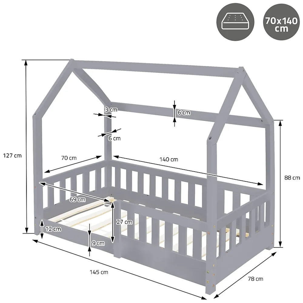 Ml-Design Lit d'enfant 140x70cm gris clair bois de pin avec toit et sommier protection contre chutes*Enfant Lit Enfant