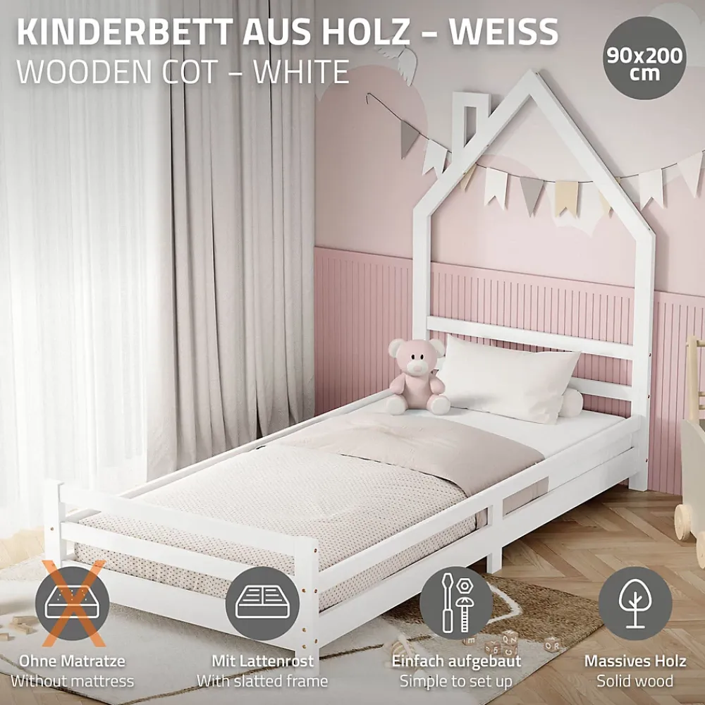 Ml-Design Lit d'enfant 90x200cm blanc forme maison en bois de pin avec sommier à lattes sans matelas*Enfant Lit Enfant