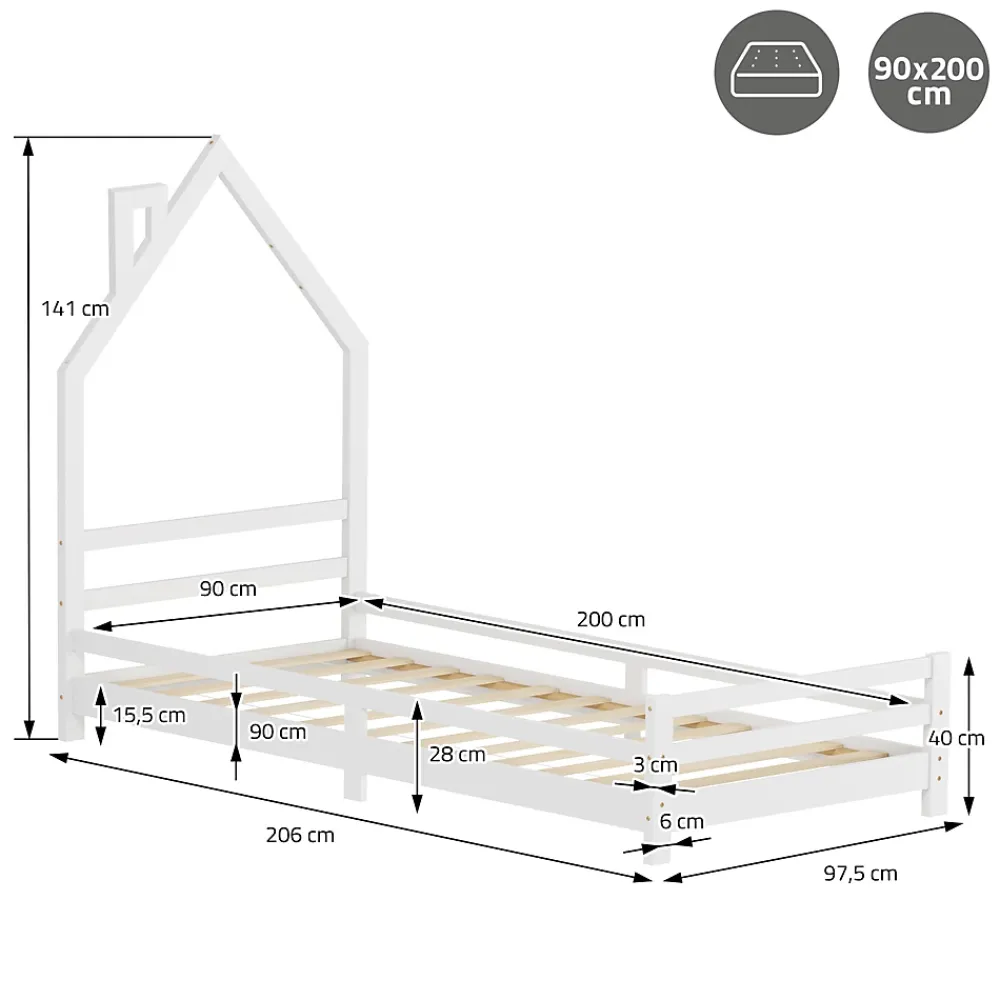 Ml-Design Lit d'enfant 90x200cm blanc forme maison en bois de pin avec sommier à lattes sans matelas*Enfant Lit Enfant