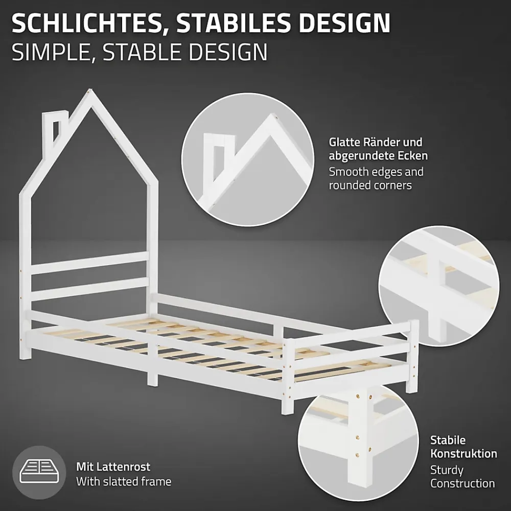 Ml-Design Lit d'enfant 90x200cm blanc forme maison en bois de pin avec sommier à lattes sans matelas*Enfant Lit Enfant