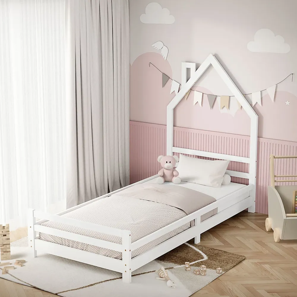 Ml-Design Lit d'enfant 90x200cm blanc forme maison en bois de pin avec sommier à lattes sans matelas*Enfant Lit Enfant