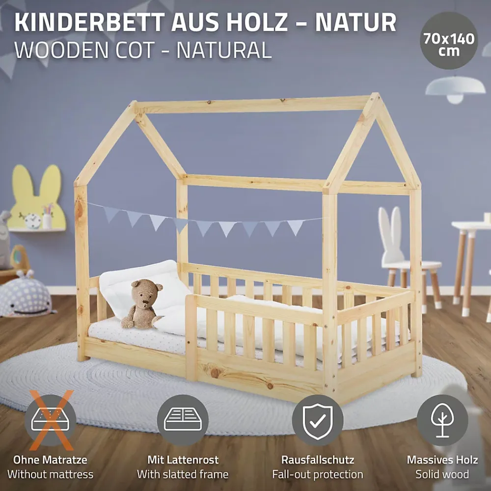 Ml-Design Lit d'enfant 140x70cm naturel en bois de pin avec toit et sommier protection contre chutes* Sommier