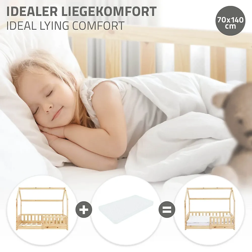 Ml-Design Lit d'enfant 140x70cm naturel en bois de pin avec toit et sommier protection contre chutes* Sommier