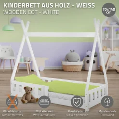 Lit d'enfants Tipi 70x140 cm blanc maison indien en bois de pin sommier et clôture de jeu>Ml-Design Hot