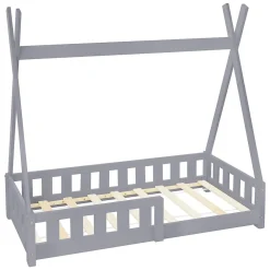 Lit d'enfants Tipi 70x140 cm gris clair maison indien bois de pin sommier clôture de jeu>Ml-Design Hot