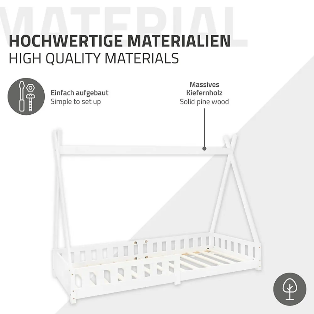 Lit d'enfants Tipi 90x200 cm blanc indien en bois de pin avec sommier et clôture de jeu>Ml-Design Hot