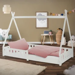 Lit d'enfants Tipi 90x200 cm blanc indien en bois de pin avec sommier et clôture de jeu><noscript><img width=