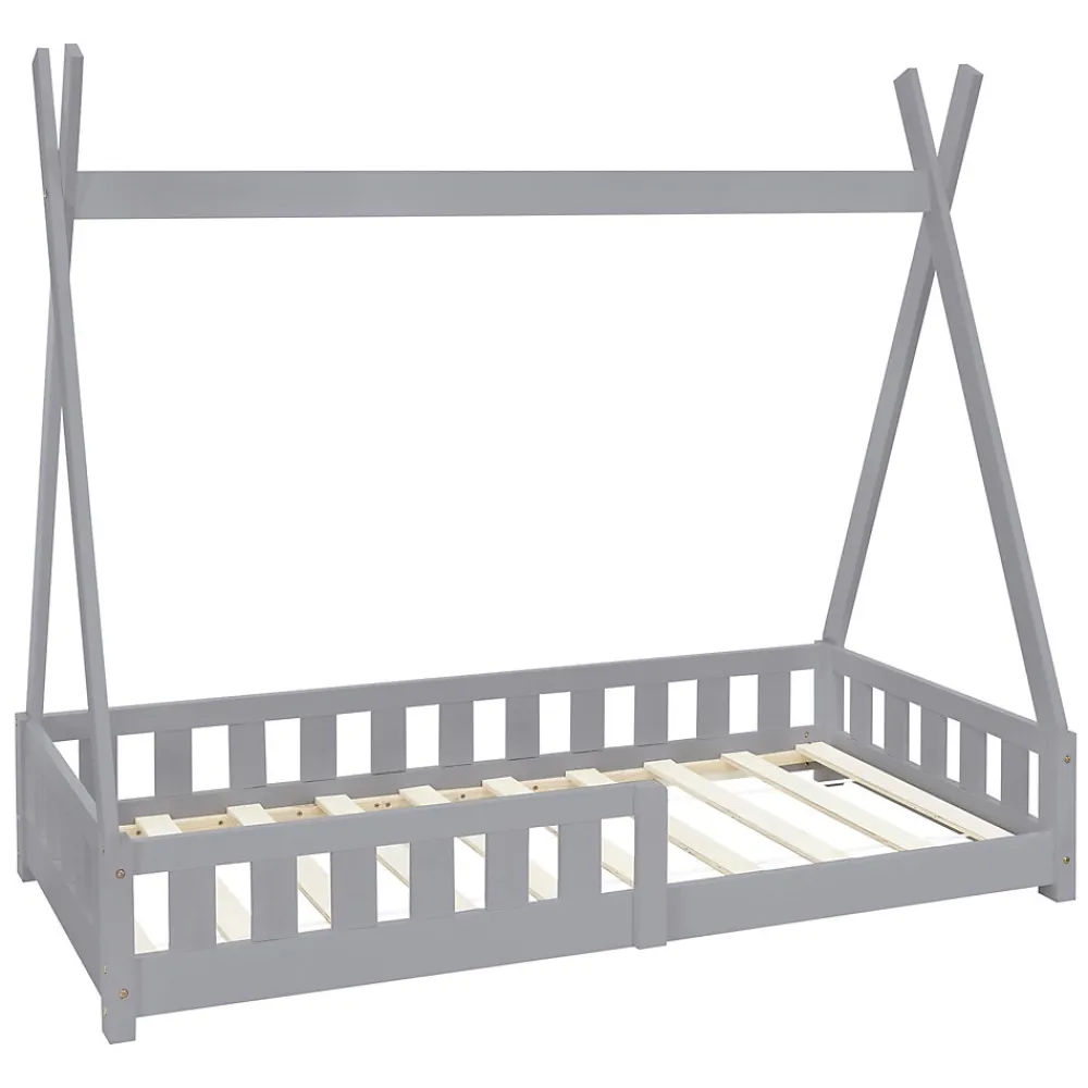 Lit d'enfants Tipi 80x160 cm gris clair maison en bois de pin avec sommier clôture de jeu>Ml-Design Outlet