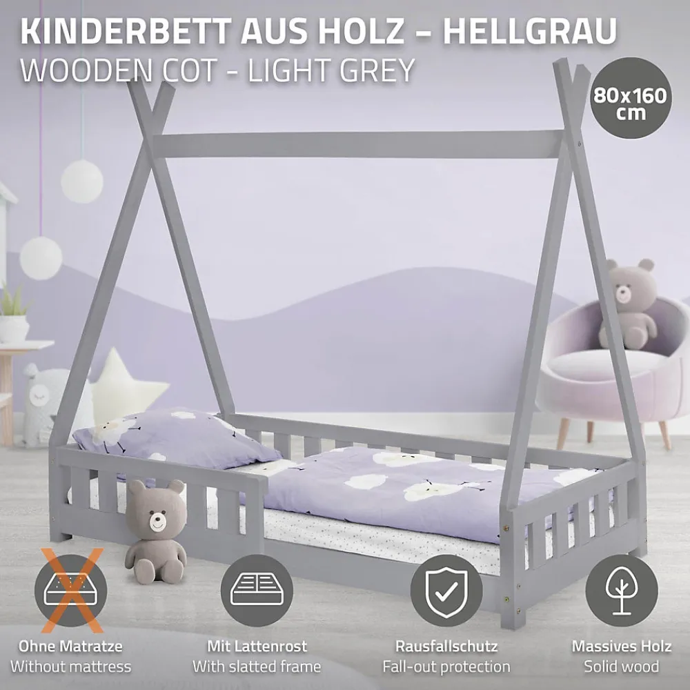 Lit d'enfants Tipi 80x160 cm gris clair maison en bois de pin avec sommier clôture de jeu>Ml-Design Outlet