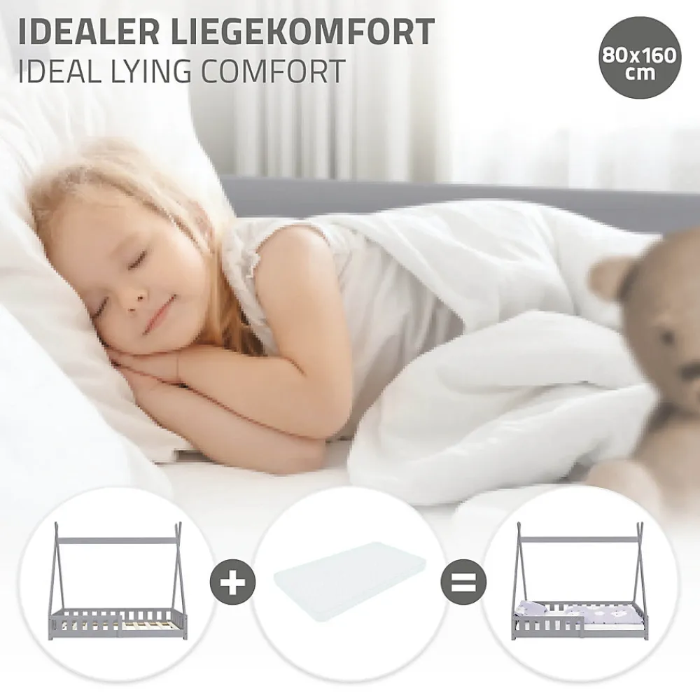Lit d'enfants Tipi 80x160 cm gris clair maison en bois de pin avec sommier clôture de jeu>Ml-Design Outlet