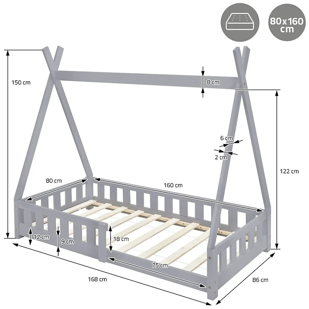 Lit d'enfants Tipi 80x160 cm gris clair maison en bois de pin avec sommier clôture de jeu>Ml-Design Outlet