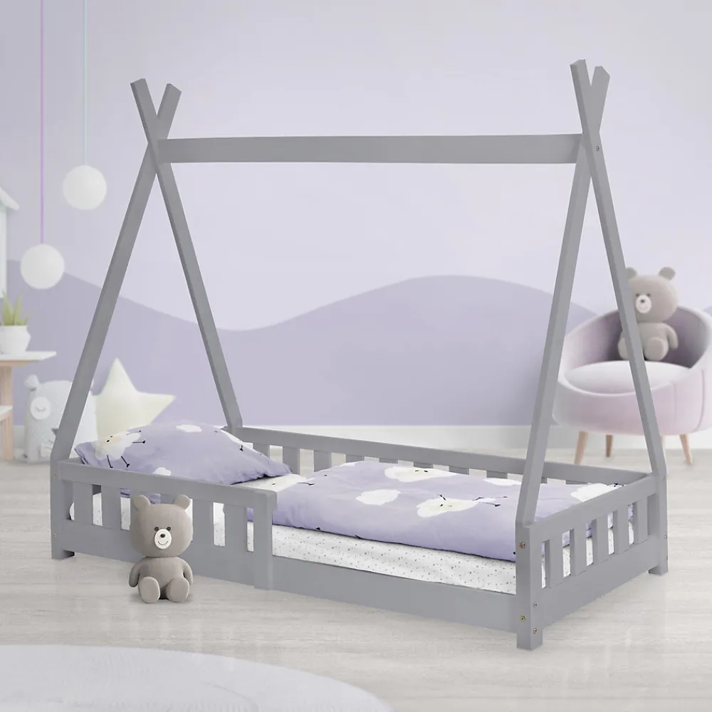 Lit d'enfants Tipi 80x160 cm gris clair maison en bois de pin avec sommier clôture de jeu>Ml-Design Outlet