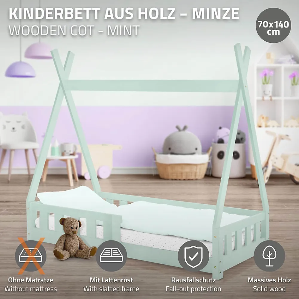 Lit d'enfants Tipi 70x140 cm vert menthe maison indien bois de pin sommier clôture de jeu>Ml-Design