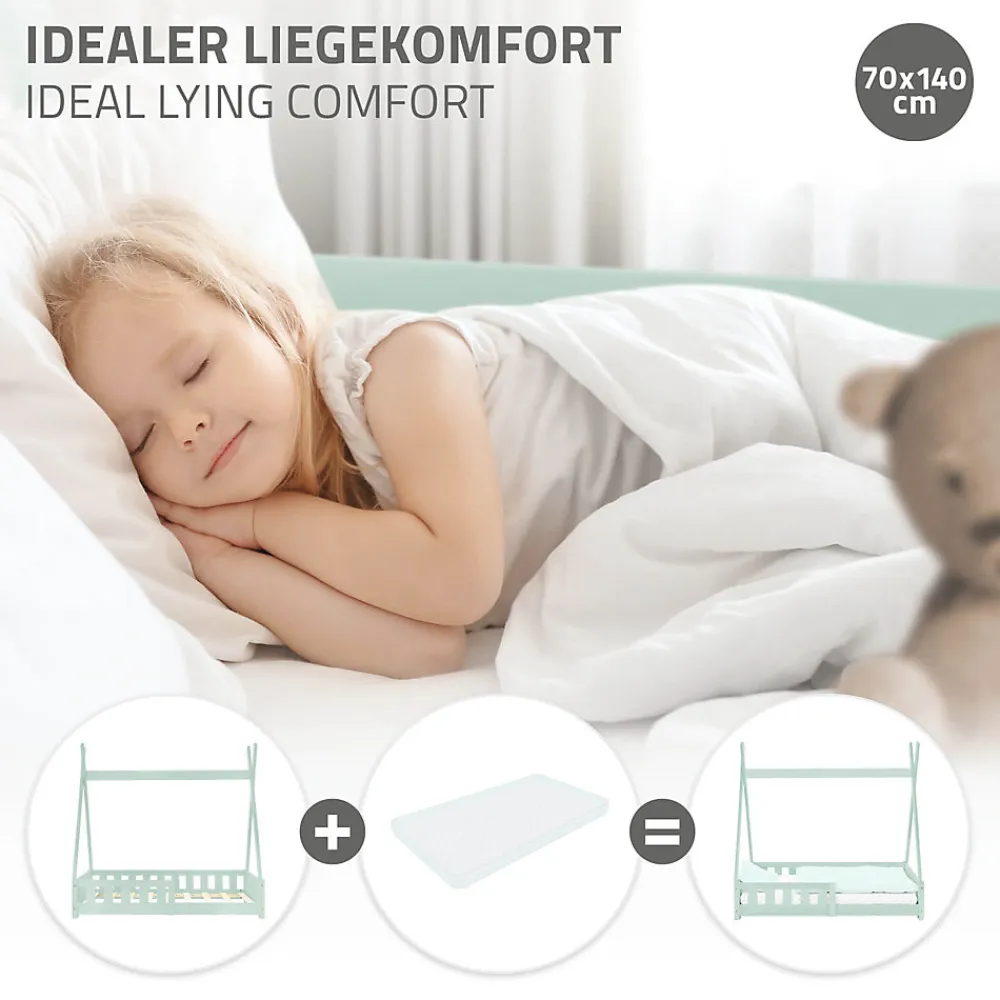 Lit d'enfants Tipi 70x140 cm vert menthe maison indien bois de pin sommier clôture de jeu>Ml-Design