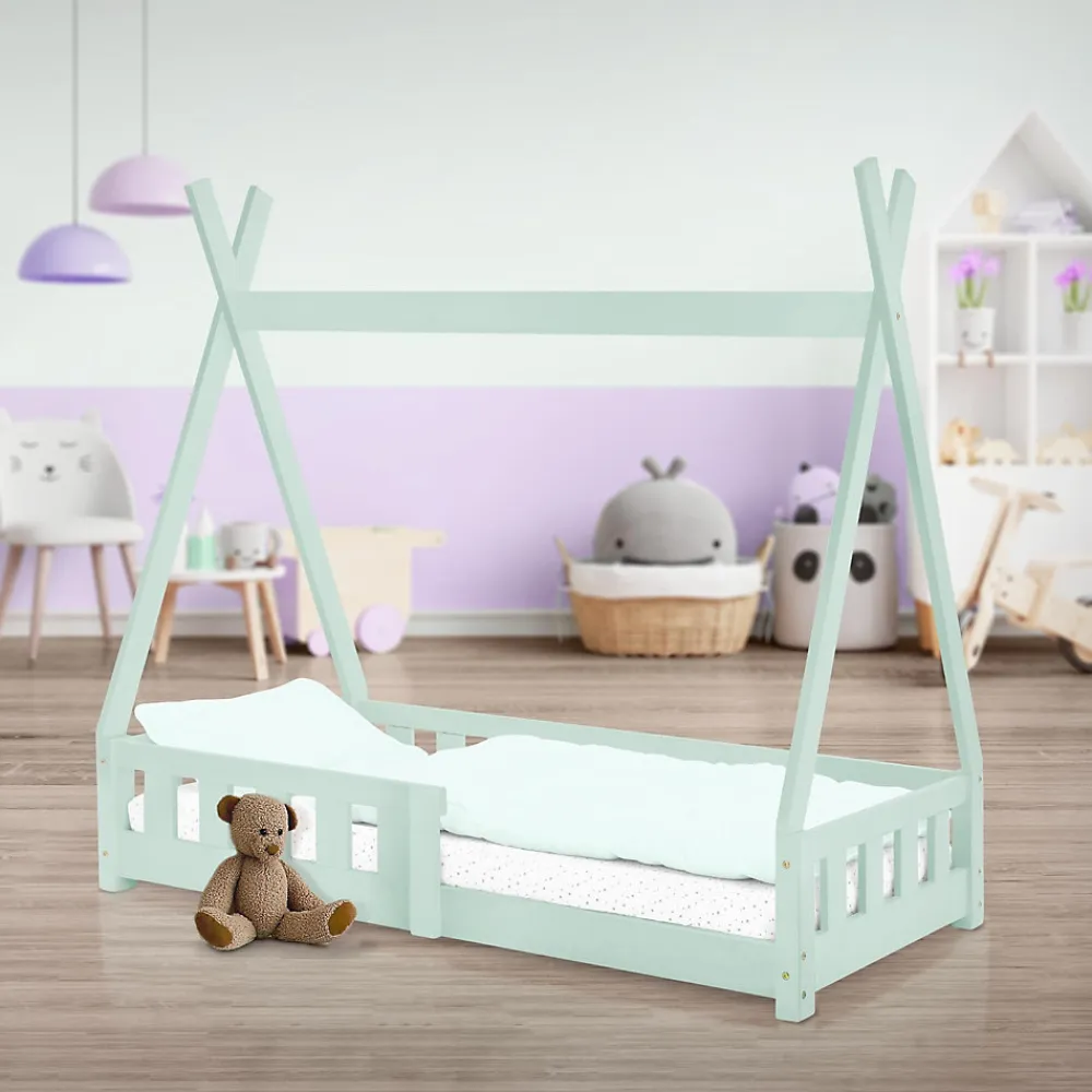 Lit d'enfants Tipi 70x140 cm vert menthe maison indien bois de pin sommier clôture de jeu>Ml-Design