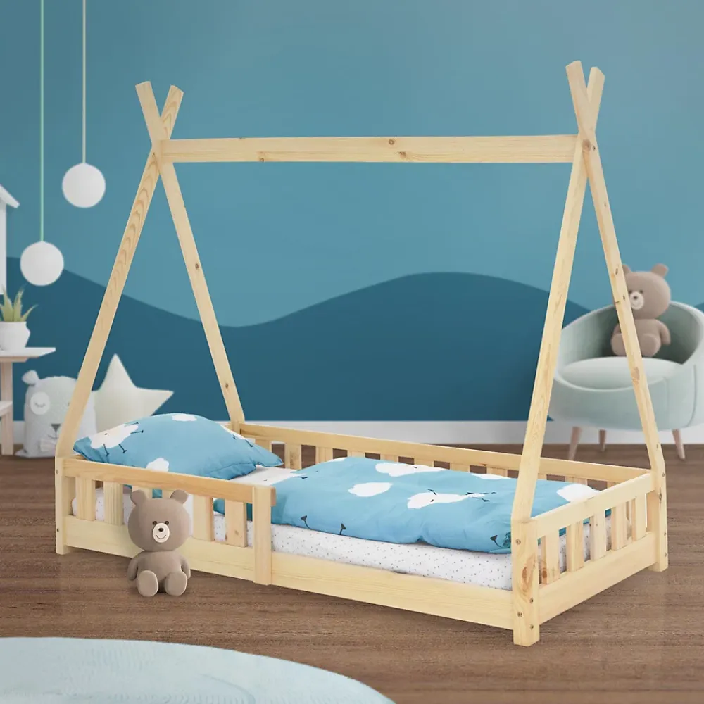Ml-Design Lit d'enfants Tipi 80x160 cm naturel maison en bois de pin avec sommier clôture de jeu*Enfant Lit Enfant