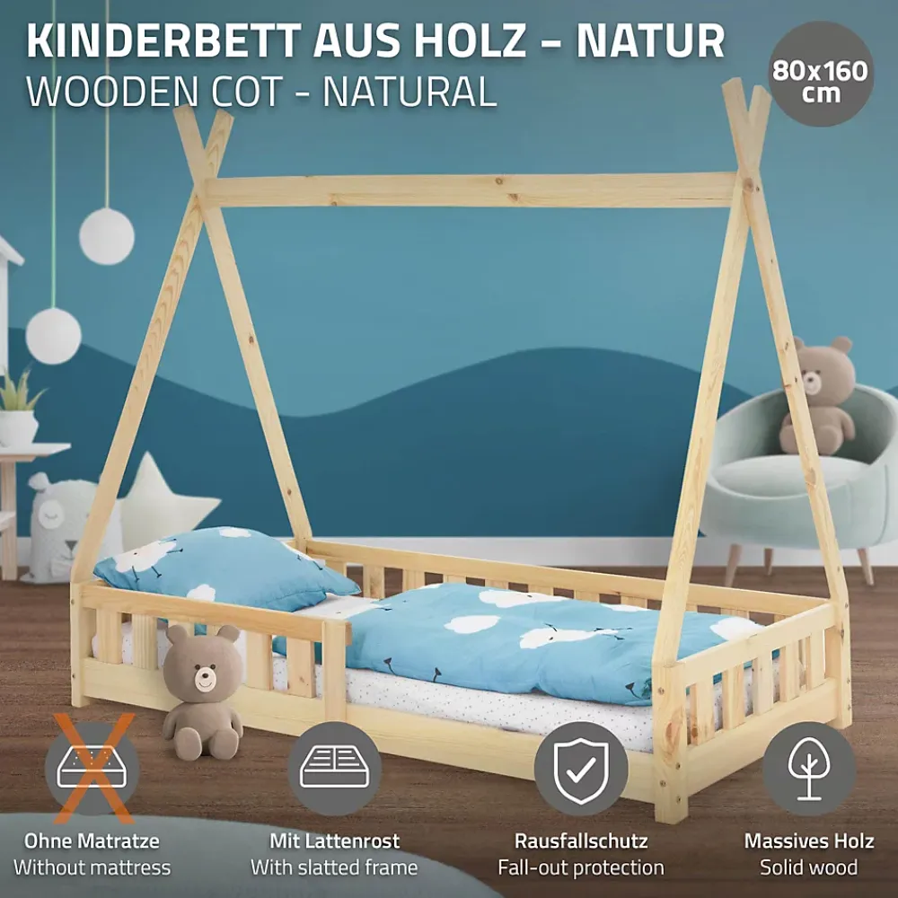 Ml-Design Lit d'enfants Tipi 80x160 cm naturel maison en bois de pin avec sommier clôture de jeu*Enfant Lit Enfant