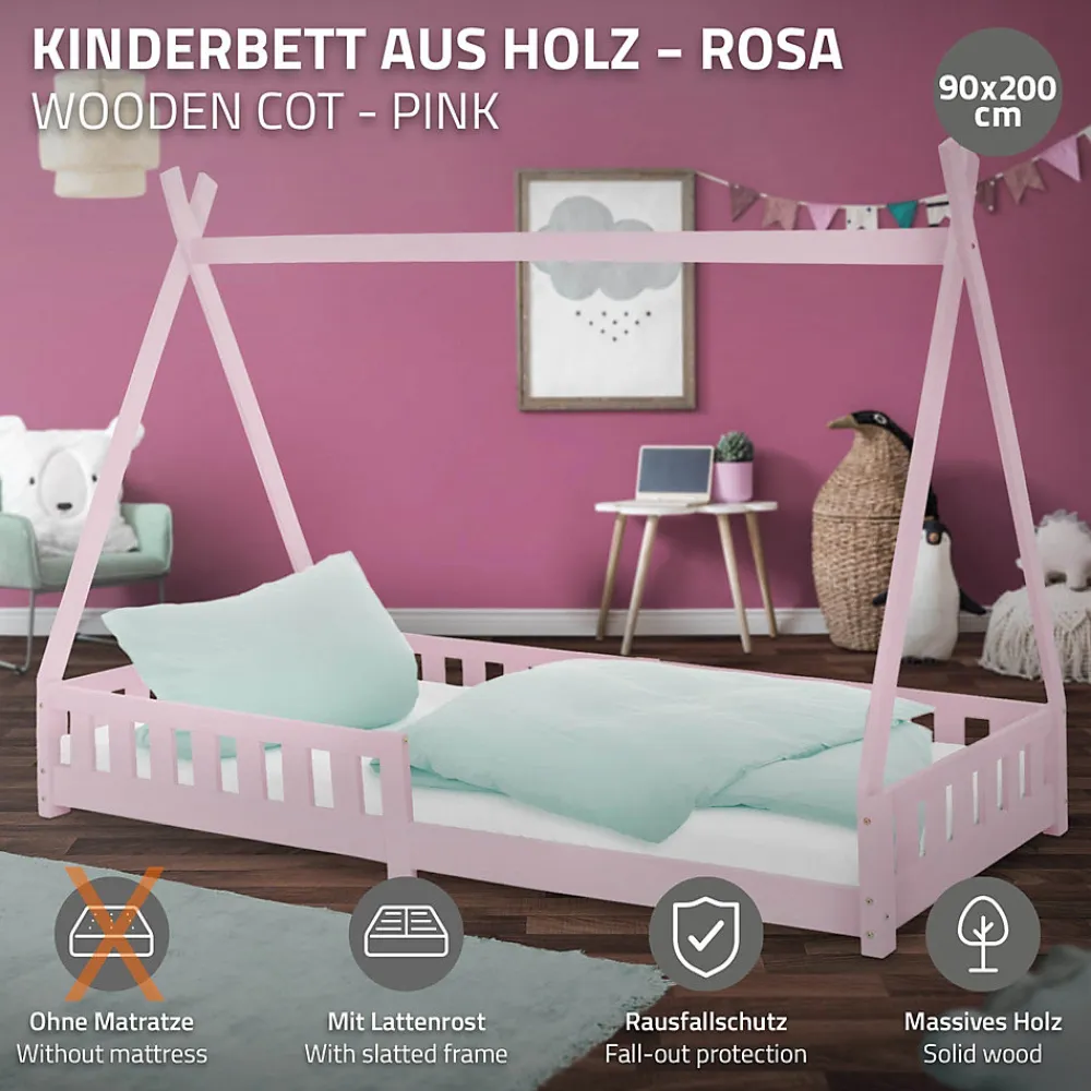 Lit d'enfants Tipi 90x200cm vert menthe indien bois de pin avec sommier et clôture de jeu>Ml-Design Hot
