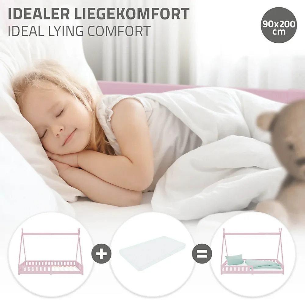 Lit d'enfants Tipi 90x200cm vert menthe indien bois de pin avec sommier et clôture de jeu>Ml-Design Hot