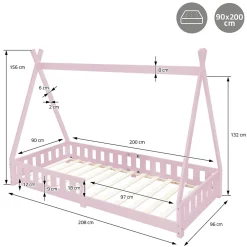 Lit d'enfants Tipi 90x200cm vert menthe indien bois de pin avec sommier et clôture de jeu><noscript><img width=