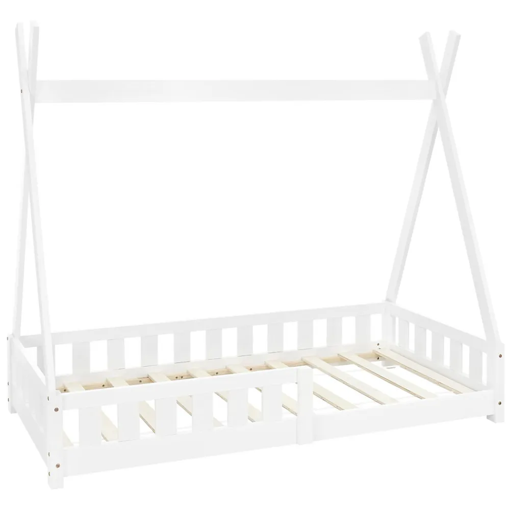 Lit d'enfants Tipi 80x160 cm blanc maison en bois de pin avec sommier clôture de jeu>Ml-Design Discount