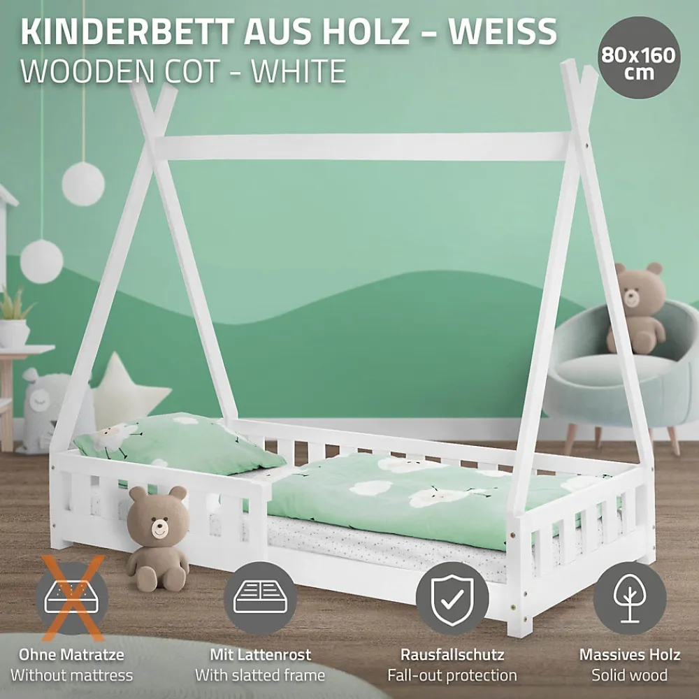 Lit d'enfants Tipi 80x160 cm blanc maison en bois de pin avec sommier clôture de jeu>Ml-Design Discount