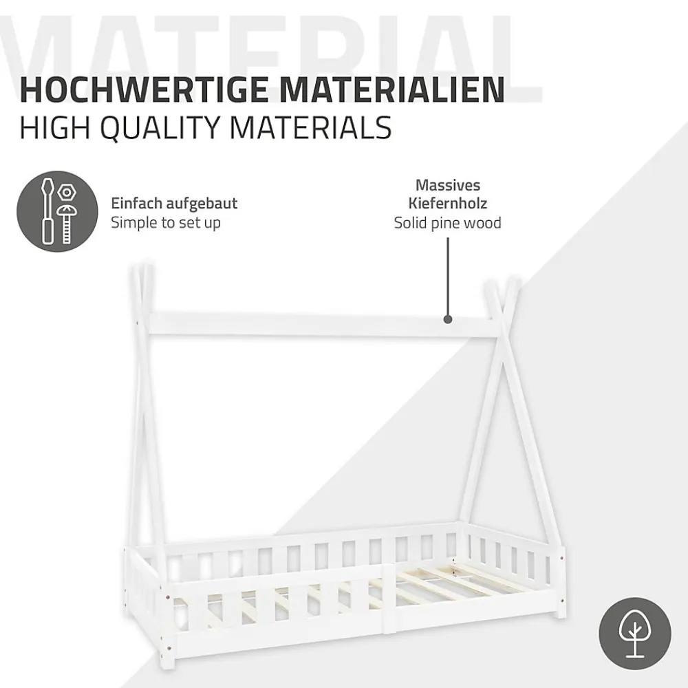 Lit d'enfants Tipi 80x160 cm blanc maison en bois de pin avec sommier clôture de jeu>Ml-Design Discount