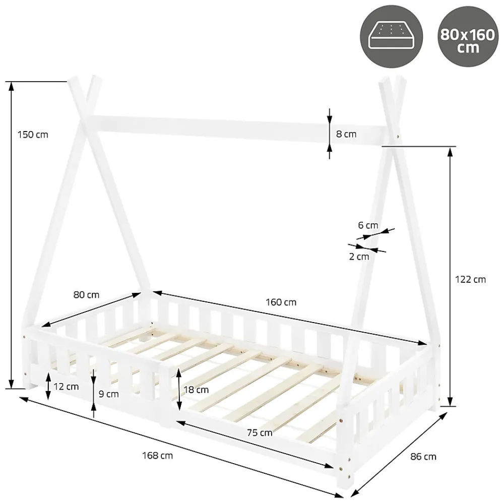 Lit d'enfants Tipi 80x160 cm blanc maison en bois de pin avec sommier clôture de jeu>Ml-Design Discount