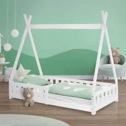 Lit d'enfants Tipi 80x160 cm blanc maison en bois de pin avec sommier clôture de jeu><noscript><img width=