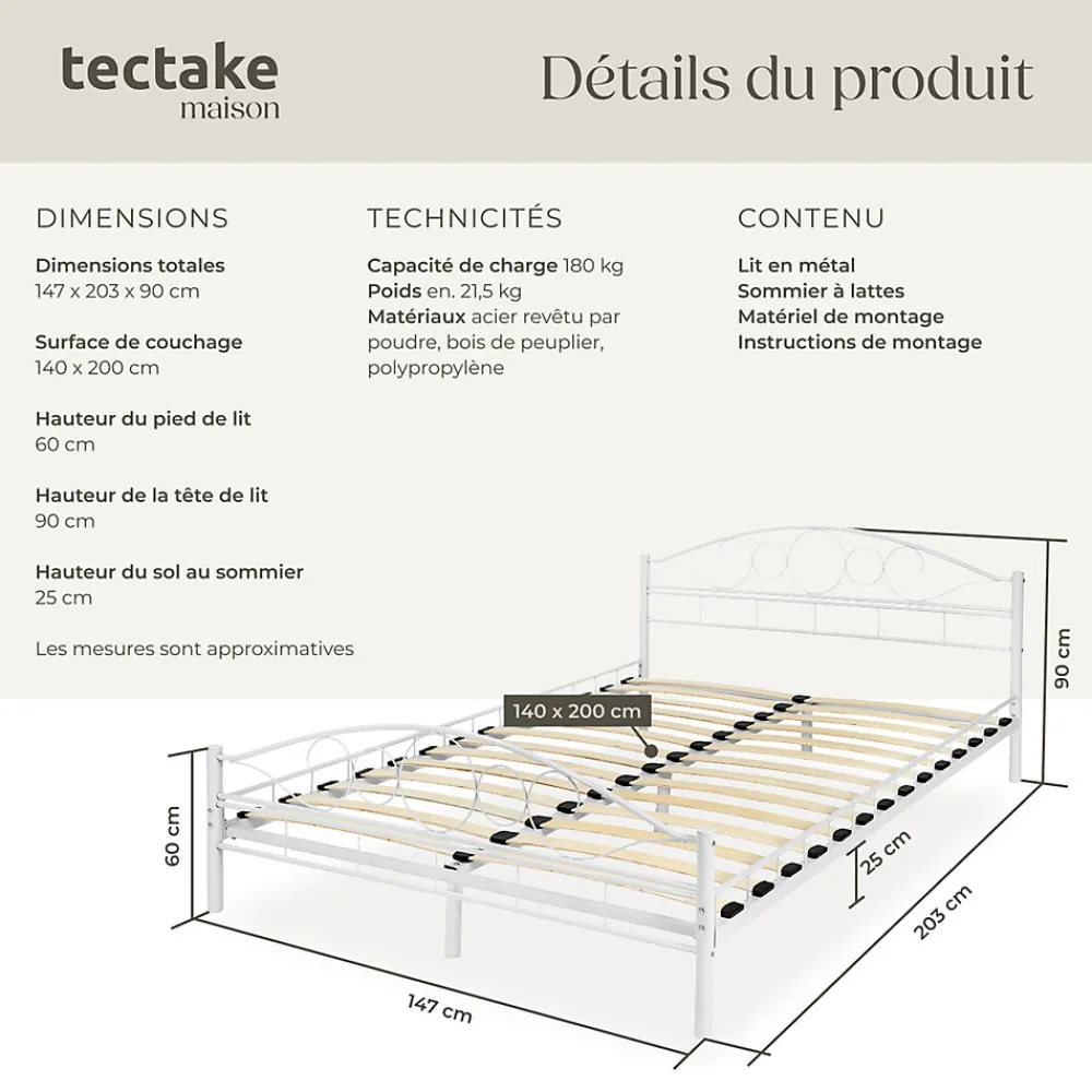 Lit design moderne avec sommier de Style romantique 140 x 200 cm blanc>Tectake Clearance