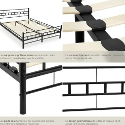 Tectake Lit design moderne en acier avec sommier 140 x 200 cm noir* Sommier