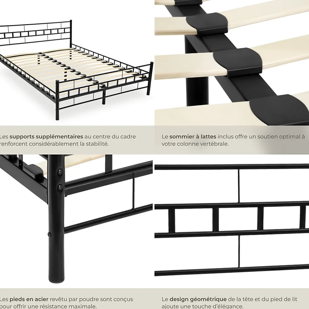 Tectake Lit design moderne en acier avec sommier 140 x 200 cm noir* Sommier