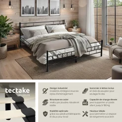 Tectake Lit design moderne en acier avec sommier 140 x 200 cm noir* Sommier