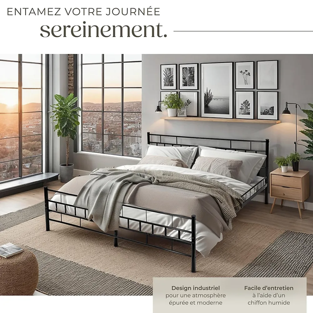 Tectake Lit design moderne en acier avec sommier 140 x 200 cm noir* Sommier