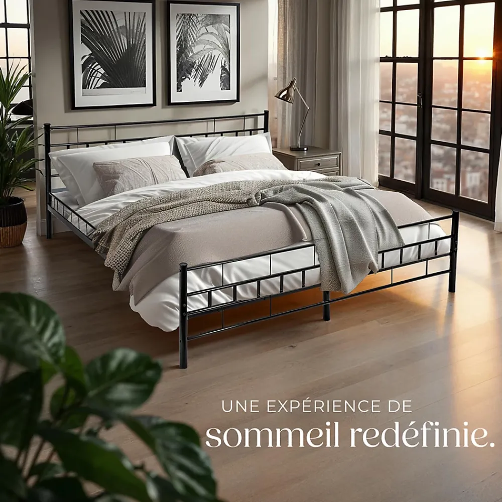Tectake Lit design moderne en acier avec sommier 140 x 200 cm noir* Sommier