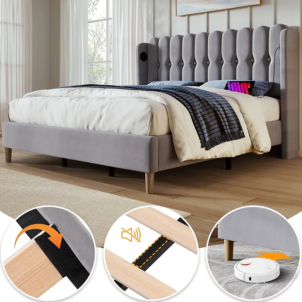 Generique Lit Double 180 x 200 Cm - Lit Adult avec Chargement USB Type-C - Lin, MDF, Métal - Sans Matelas - Gris* Lit Simple