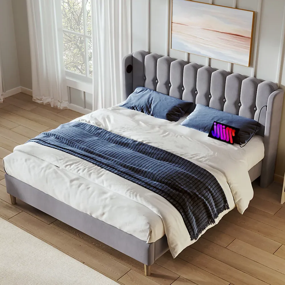 Generique Lit Double 180 x 200 Cm - Lit Adult avec Chargement USB Type-C - Lin, MDF, Métal - Sans Matelas - Gris* Lit Simple