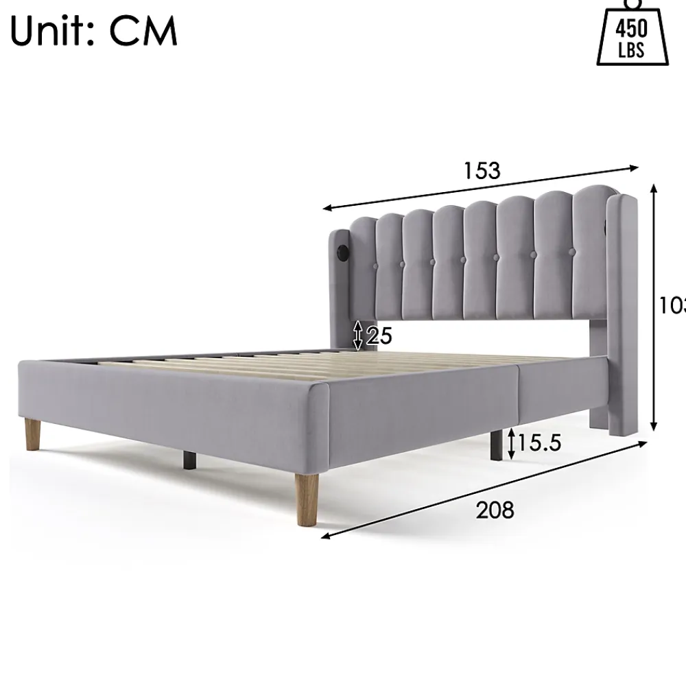 Okwish Lit Double 140 x 200 Cm - Lit Adult avec Chargement USB Type-C - Lin, MDF, Métal - Sans Matelas - Gris* Lit Double