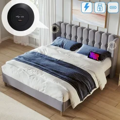 Okwish Lit Double 140 x 200 Cm - Lit Adult avec Chargement USB Type-C - Lin, MDF, Métal - Sans Matelas - Gris* Lit Double