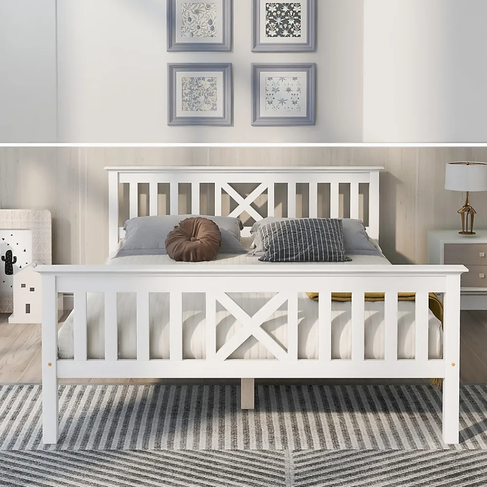 Lit double 140 x 200 cm - Lit classique avec tête de lit et sommier à lattes - Pin massif + MDF - Sans Matelas - Blanc>Okwish Best