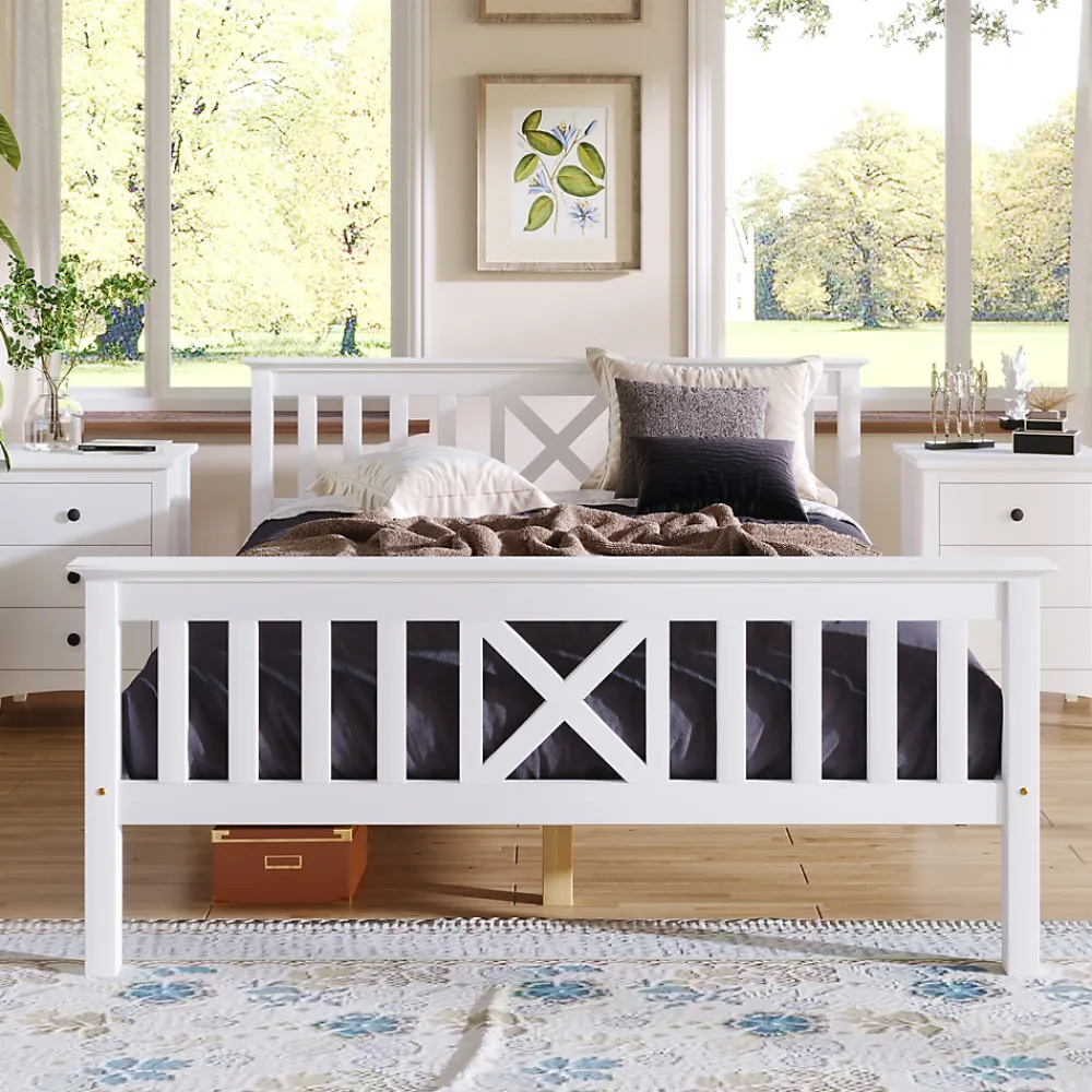 Lit double 140 x 200 cm - Lit classique avec tête de lit et sommier à lattes - Pin massif + MDF - Sans Matelas - Blanc>Okwish Best