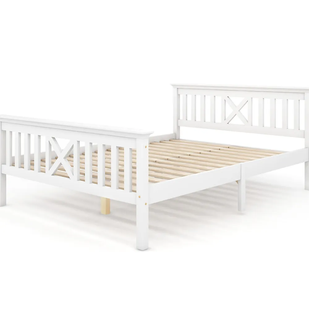 Lit double 140 x 200 cm - Lit classique avec tête de lit et sommier à lattes - Pin massif + MDF - Sans Matelas - Blanc>Okwish Best