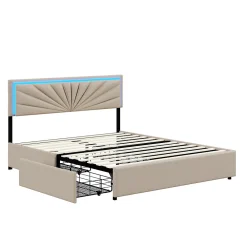 Simple Life Lit Double 160 X 200 Cm Avec 4 Tiroirs, Cadre De Lit Avec LED Et Sommier à Lattes, Lin, Beige* Lit Coffre