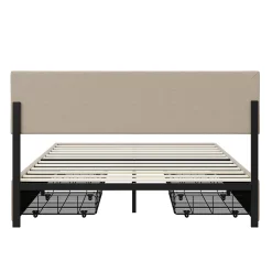 Simple Life Lit Double 160 X 200 Cm Avec 4 Tiroirs, Cadre De Lit Avec LED Et Sommier à Lattes, Lin, Beige* Lit Coffre